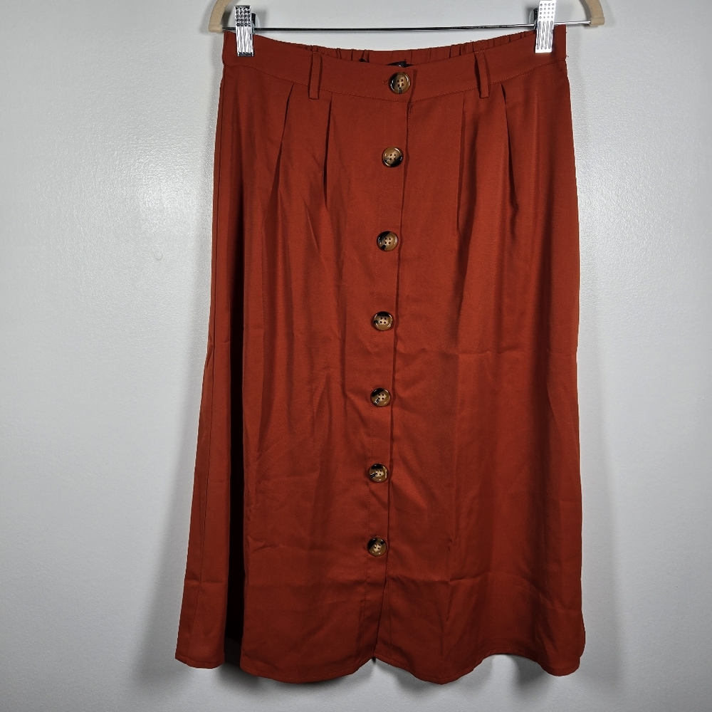 NEW Allegra K Rust Color Button Front Elastic Waist Pull On Midi Skirt Medium